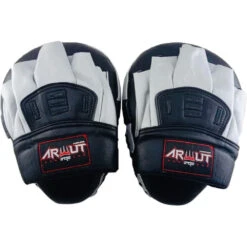 Arwut Fight Gear Black/White Leather Curved Focus Mitts -Boxing Discount Store FMC1 WHT 2